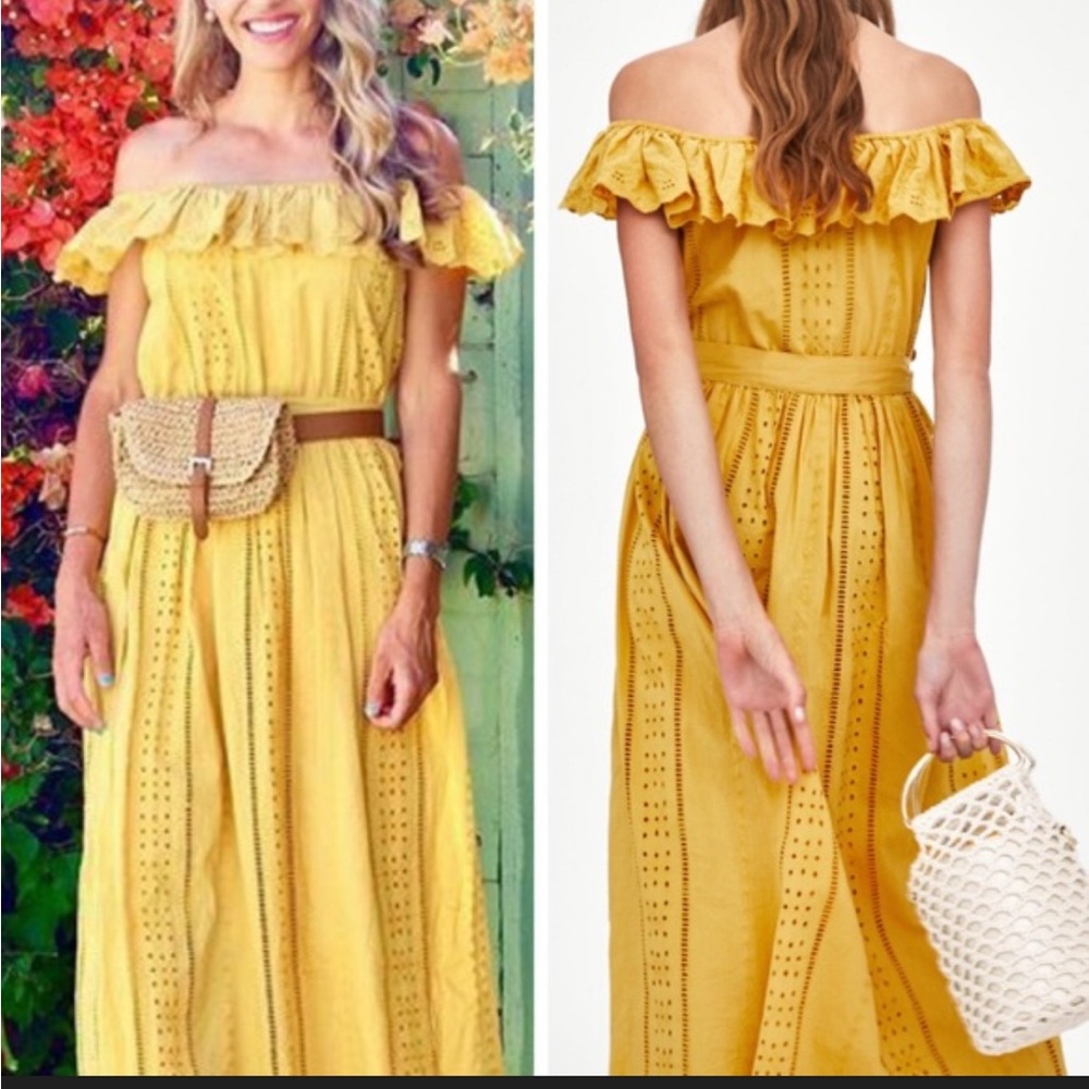 Zara Mustard Yellow Marigold Eyelet Cotton Off Shoulder Midi Summer party Dress